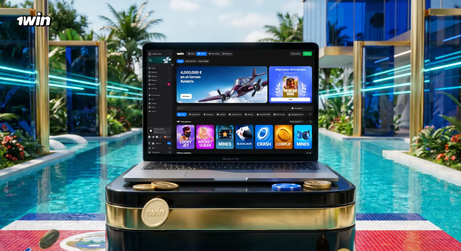 Lobby del casino de 1win en una laptop, con el torneo Aviatrix y su premio en pantalla